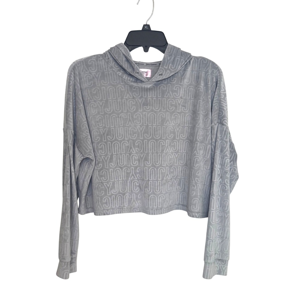 Juicy Couture Hoodie Women M Grey Velour Logo Embossed Crop Pullover Y2K